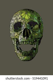 Vector skull front open jaw drawing,Human boho ornamental blob shape decorative skull with green color.
