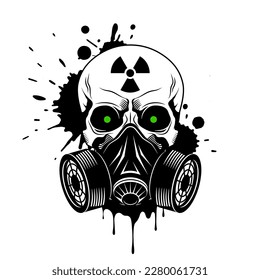 Vector skull with gas mask, radiation sign, glowing eyes and paint splashes and drips on white background. Grunge vector illustration