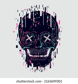 Vector Skull. Glitch Style Vector Illustration. Neon Color Digital Graphic. Virtual Reality Avatar.