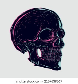 Vector Skull. Glitch Style Vector Illustration. Neon Color Digital Graphic. Virtual Reality Avatar.