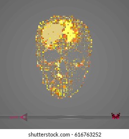 Vector Skull Gold and yellow squares, mosaic, pixels on white. Symbol, head, concept