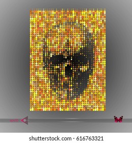 Vector Skull Gold and yellow squares, mosaic, pixels figure on white. Symbol, head, concept
