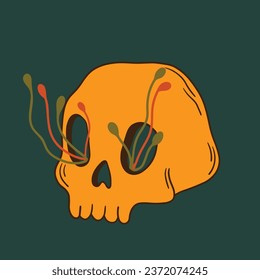 Vector skull with growing plants cordyceps mushrooms. Hand-drawn skeleton head illustration. Halloween autumn graphic vector element