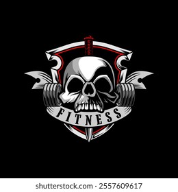 Vector of skull gym and fitness logo design. Fitness logo skull and cross weights vector illustration