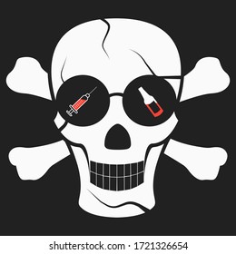 Vector skull with harmful alcohol, cigarettes, drugs