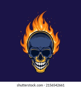 Vector Skull Head Burn on Fire Mascot Illustrations. Evil Power from Hell Graphic Design Isolated on Dark Blue Background. Perfect for t-shirt, sticker, or poster.