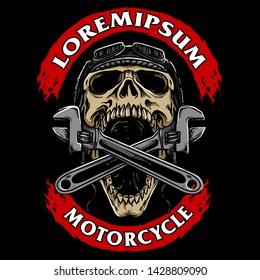 vector of skull head with cross wrench and retro helmet biker, motorcycle club logo design back patch