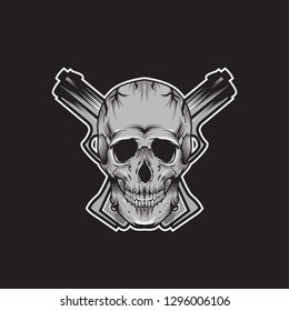Vector skull head sport mascot illustration - shirt design on dark background . graphic isolated template white and black