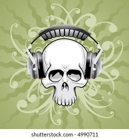 vector skull with headphones and floral elements