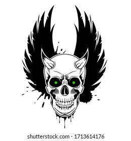 Vector skull with horns, green glowing eyes, crown wings and paint splashes in the background. Grunge vector illustration