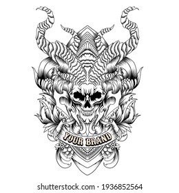 vector of skull with horns tattoo style in black and white