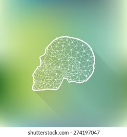 Vector skull icon with long shadow on blurred background. Trendy triangle pattern, creativity brain, geometric ornament, Day of The Dead, vector illustration. Logo design