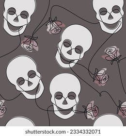 Vector skull icon, rose flower seamless pattern. Line continuous drawing. Hand drawn background illustration. Wallpaper print, fabric, wrapping paper, packaging, graphic design, card, brochure.