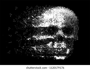 Vector skull illustration made by interlacing network thin lines    grungy halftone effect  Low poly line art 