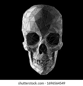 Vector skull illustration made by interconnected lines, and abstract geometric textures. Low poly 3D line art. Different textures dots, lines, halftones. 