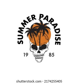 Vector skull illustration with a palm tree, and a surfboard. For t-shirt prints, posters and other uses. summer paradise.
