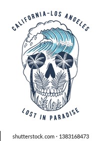 Vector skull illustration with palm trees , leaves and  waves. For t-shirt prints, posters and other uses.