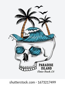 Vector skull illustration with palm trees , birds and  waves. For t-shirt prints, posters and other uses.