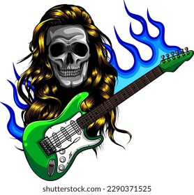 vector skull illustration playing a guitar on white background