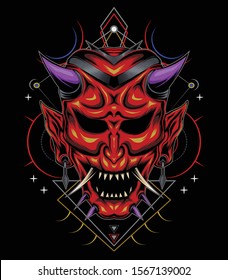 vector skull illustration. vector red devil face illustration. vector head of red demon. Japanese demon mask