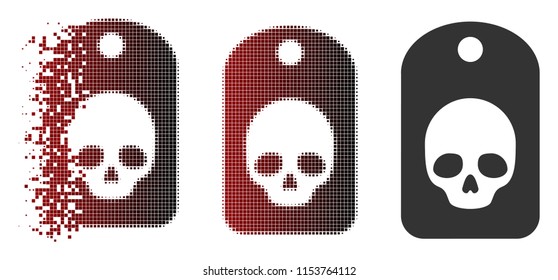 Vector skull label icon in fractured, pixelated halftone and undamaged entire variants. Disintegration effect involves square sparks and horizontal gradient from red to black.