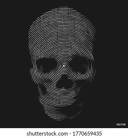 Vector skull line-art . Stylised human skull front view, made by diagonal lines. White lines on black background. T-shirt graphic vector print poster