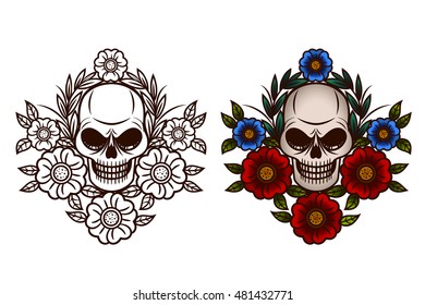 Vector skull logo. Tattoo skull with flowers in hipster style.