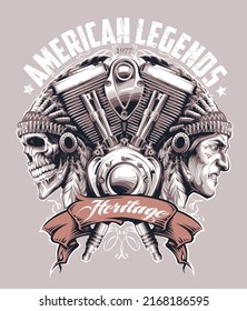 Vector Skull and Man in Indian headdresses and a motorcycle engine