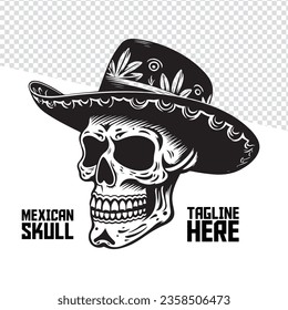 Vector skull, Mexican hat design. Hand-drawn calavera. Emblem, brand mark, poster.
