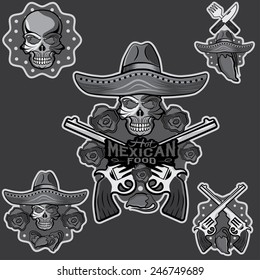 vector skull in a Mexican sombrero with chili peppers,flowers and guns