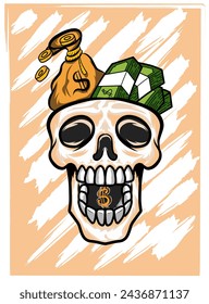 vector skull and money inside his head. designs for t-shirts, hoodies, posters, stickers and more