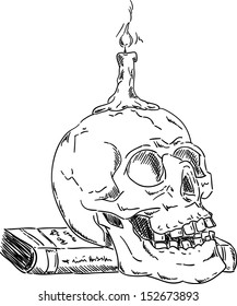 vector - Skull on book  with candle ,isolated on background , hand draw