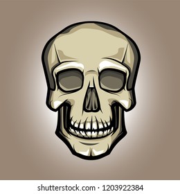 Vector skull on brown radial gradient background Tattoo colorful cranium with shadow and light reflection Head of dead human Beige skull with white teeth into black stroke of brainpan shape Vintage