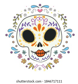 Vector skull on a white background . Day of the dead. Halloween poster background, greeting card or t-shirt design