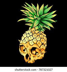 Vector skull pineapple. Exotic tropical fruit. Sketch,print. Pop art. Perfect for posters.