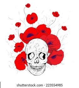 vector of the skull and poppies in red