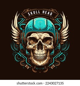 vector skull in the retro biker helmet vintage motor custom hand drawn style illustration 