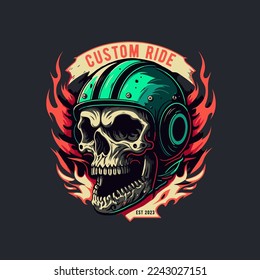 vector skull in the retro biker helmet vintage motor custom hand drawn style illustration 