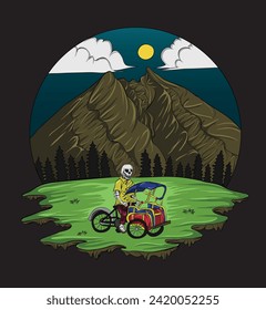 Vector skull Riding a rickshaw to the mountain