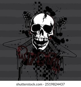 
Vektor Totenkopf Rock and Roll Print. Das Kunstwerk besteht aus einem Schädel mit Sonnenbrille, Spritzer, Gitarren und Text auf gestreiftem Hintergrund. Grafikkunstwerk für Bekleidung. Handgezeichnete Abbildung.