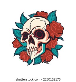 Vector skull and rose flower logo icon, Art Halloween floral detailed tattoo illustration, vintage retro design background. Skeleton head death gothic symbol decoration