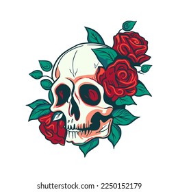 Vector skull and rose flower logo icon, Art Halloween floral detailed tattoo illustration, vintage retro design background. Skeleton head death gothic symbol decoration