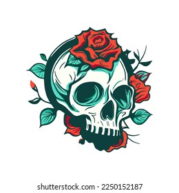 Vector skull and rose flower logo icon, Art Halloween floral detailed tattoo illustration, vintage retro design background. Skeleton head death gothic symbol decoration