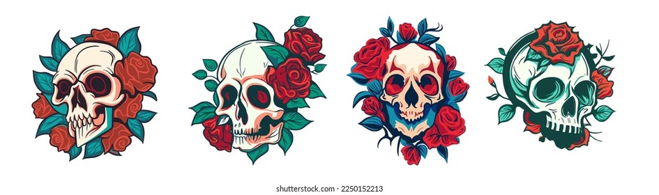 Vector skull and rose flower logo icon set. Art Halloween floral detailed tattoo illustration collection, vintage retro design background. Skeleton head death gothic symbol decoration