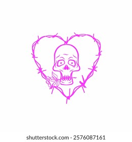 Vector skull with a rose inside a barbed wire heart, pink line art ideal for gothic, edgy, and alternative design themes