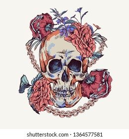 Vector Skull with roses, chains and wildflowers Day of The Dead, Vintage glamorous illustration.