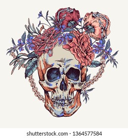 Vector Skull with roses, chains and wildflowers Day of The Dead, Vintage glamorous illustration.