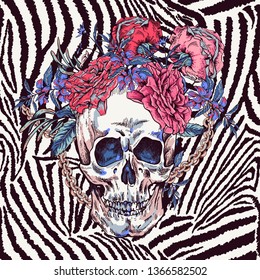 Vector Skull with roses, chains and wildflowers Day of The Dead, Vintage glamorous illustration on zebra background.