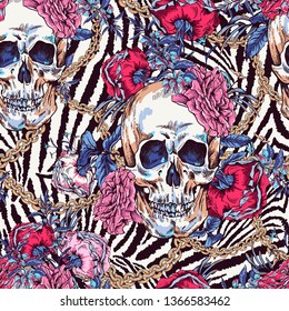 Vector Skull with roses, chains and wildflowers seamless pattern. Day of The Dead Vintage glamorous illustration on zebra background.