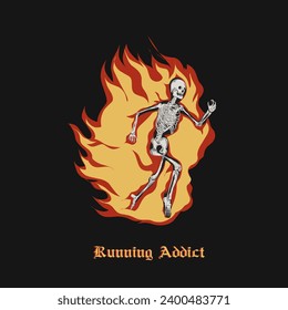 vector of skull running addict with fire, perfect for print, etc